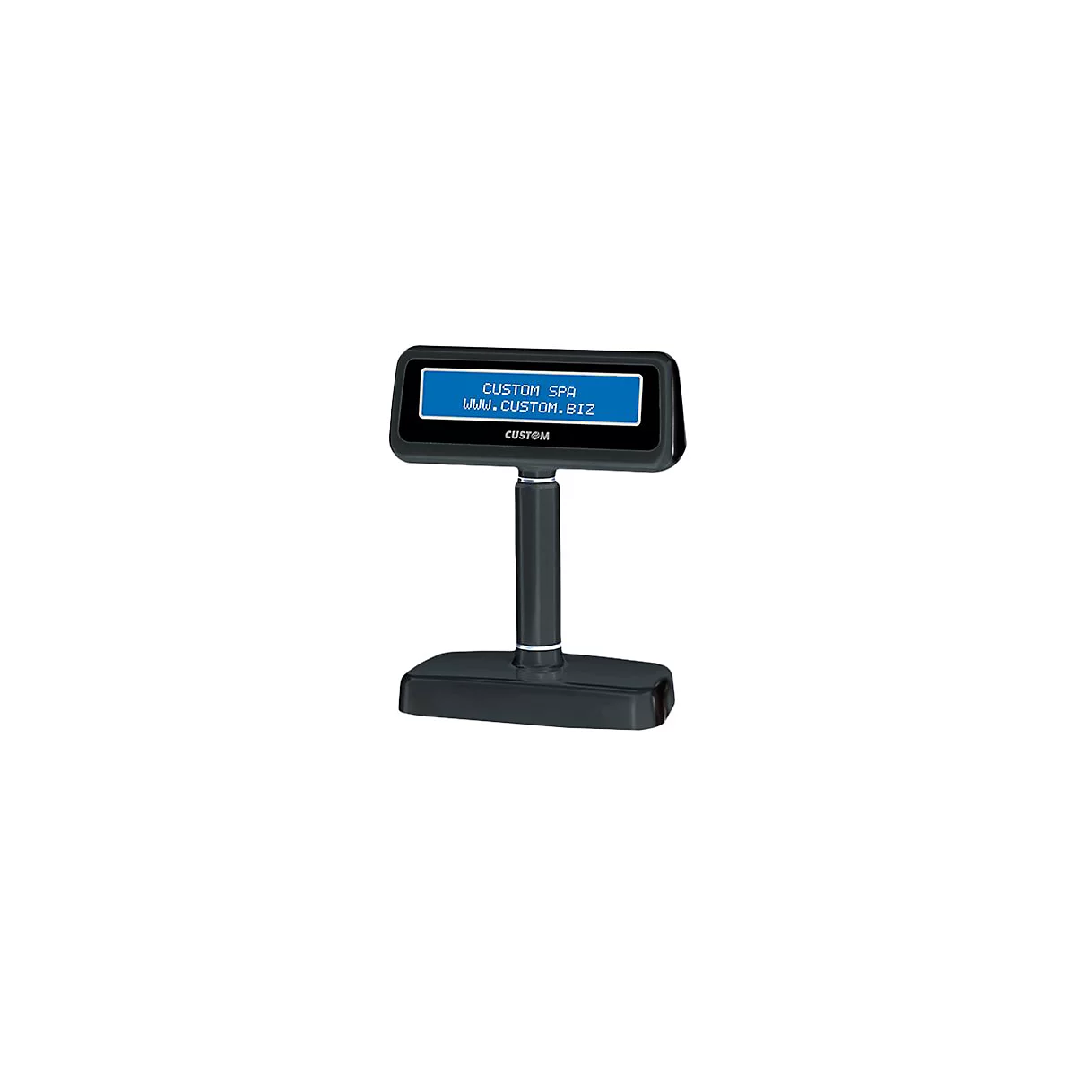 Schwarzes Kundendisplay mit blauem Bildschirm, der "CUSTOM SPA" und die Webadresse anzeigt.