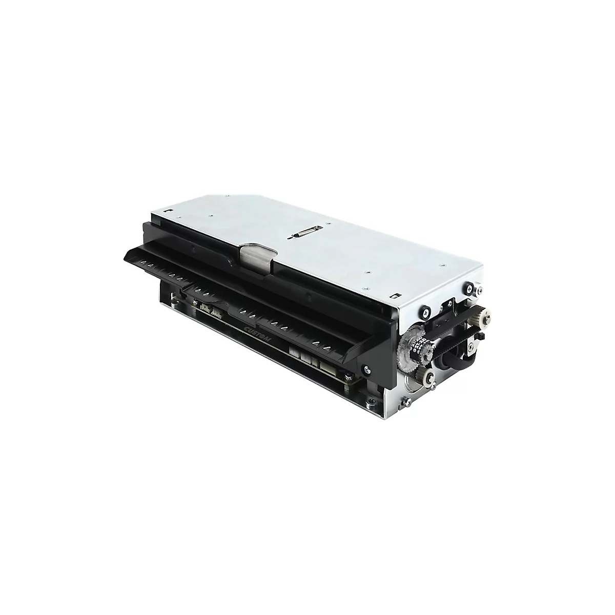 Technisches Druckmodul mit Metallgehäuse, schwarzen Kunststoffteilen und sichtbarem Zahnriemenantrieb auf weißem Grund.