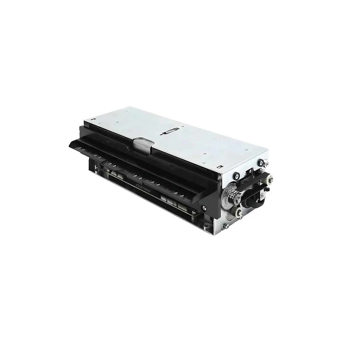Technisches Druckermodul mit Metallgehäuse, schwarzen Kunststoffteilen und Zahnriemenantrieb auf weißem Hintergrund.