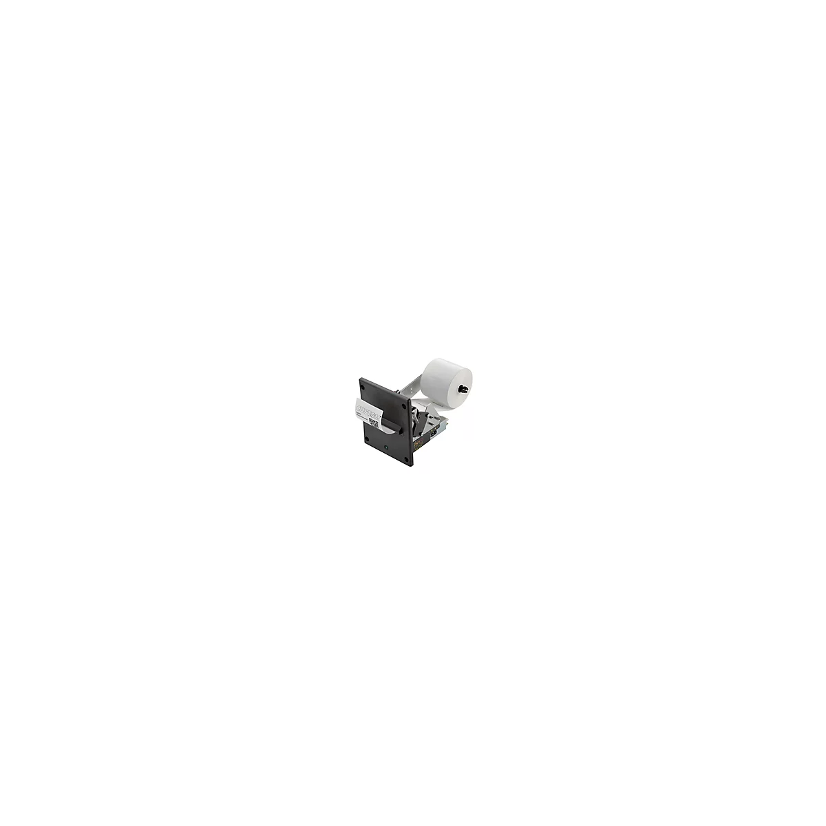 Ein grauer Thermodrucker, der eine Rolle weißes Papier hält, das zum Drucken von Belegen bereit ist.