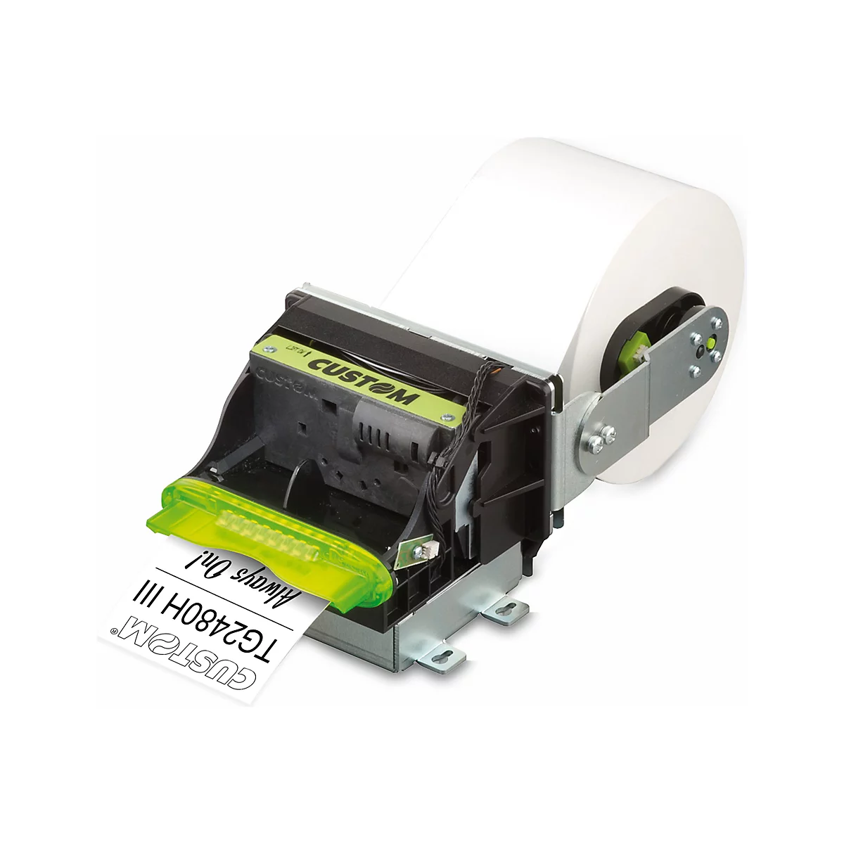 Drucker mit Papierrolle, Detail. Text: CUSTOM TG2480H III, Always On!