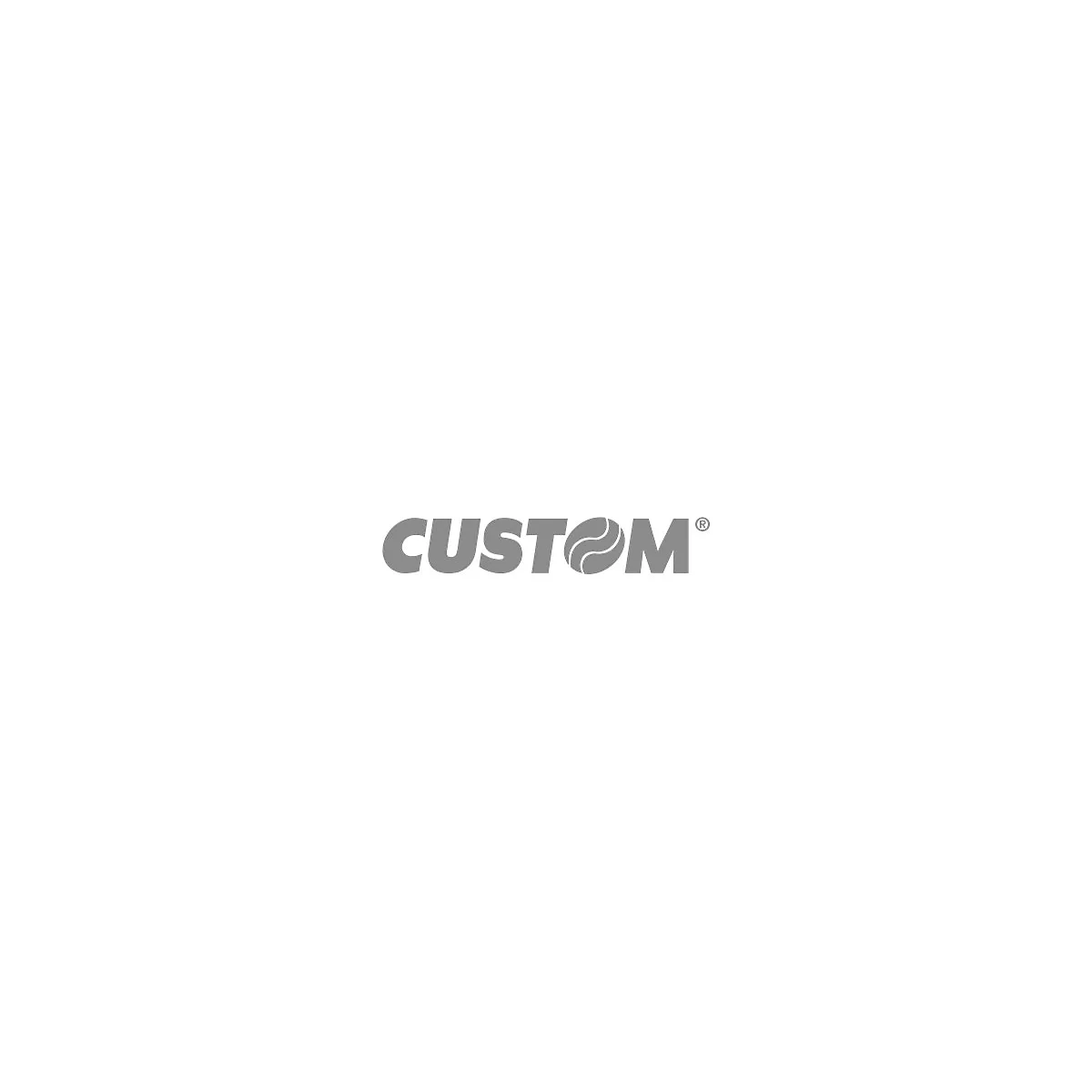 Graues Firmenlogo CUSTOM auf weißem Hintergrund, bei dem das O durch zwei geschwungene Linien ersetzt wurde.