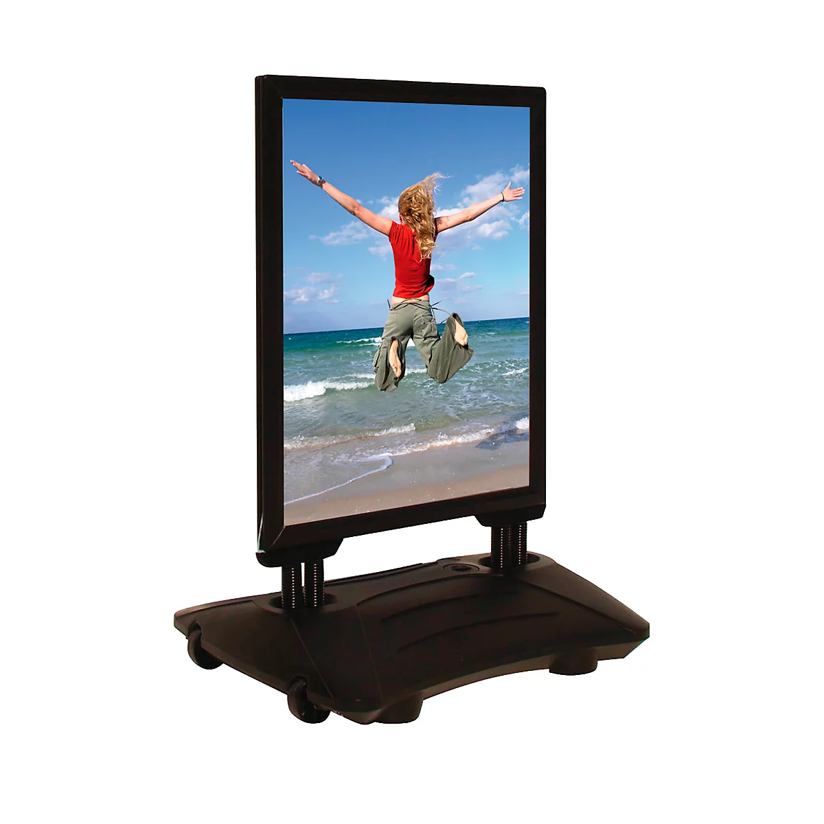 Signboard showing a person jumping on a beach.