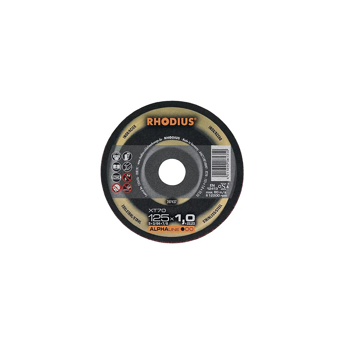Round, black grinding disc with yellow lettering, including "RHODIUS".