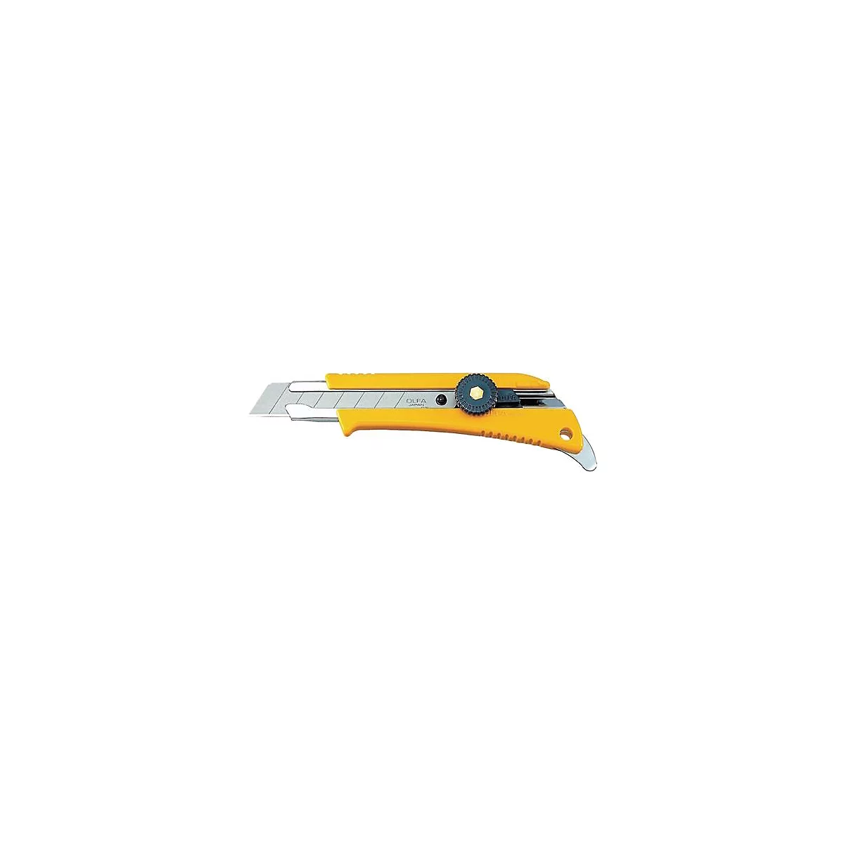 Cutter OLFA jaune avec lame grise et molette bleue pour régler la longueur de la lame.