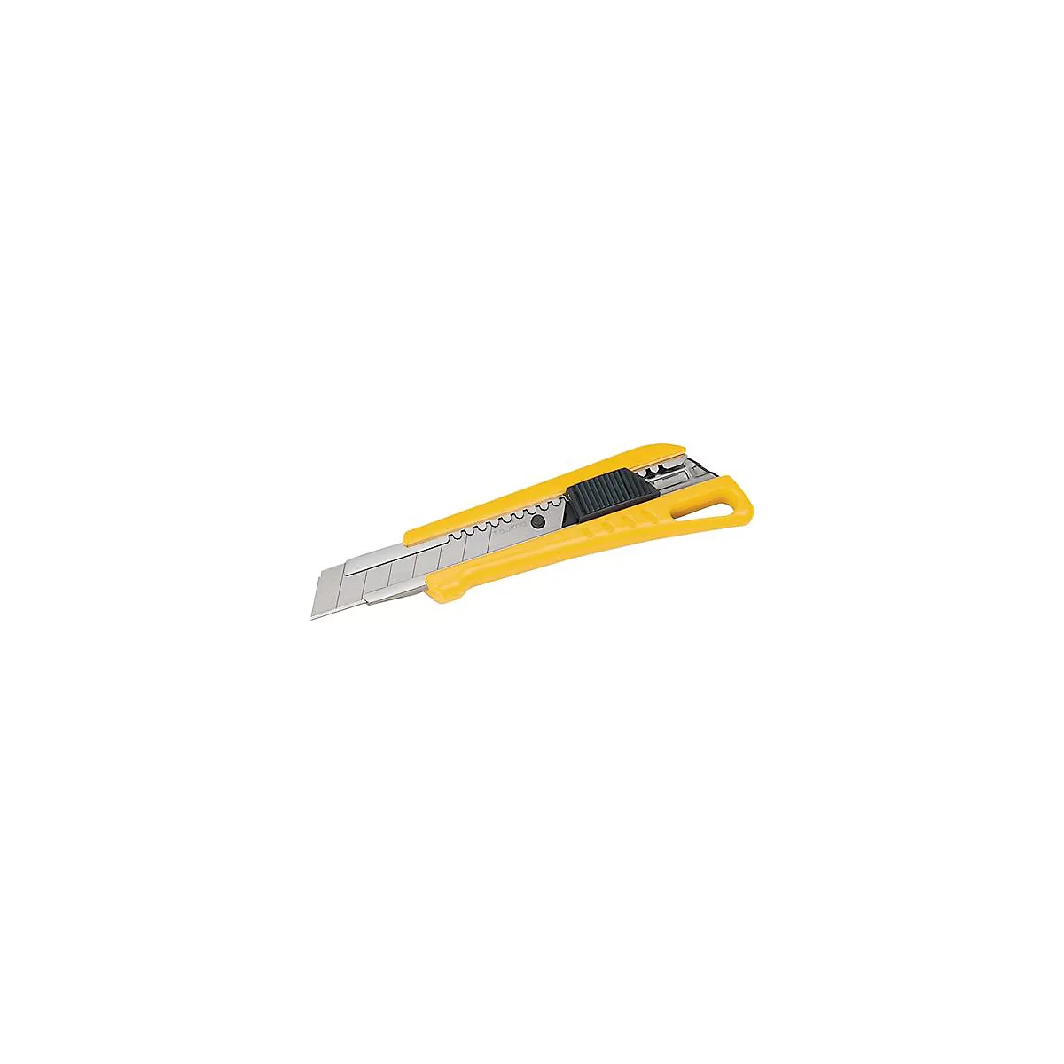 Un cutter jaune posé sur une surface blanche. La lame est argentée.