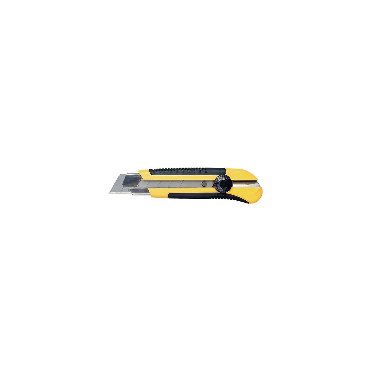 Cutter jaune et noir, lame en métal, molette de réglage.