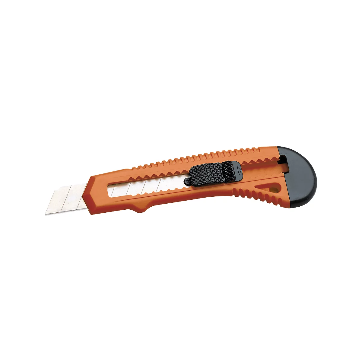 An orange box cutter on a white background. The knife has a silver blade and a black slider.