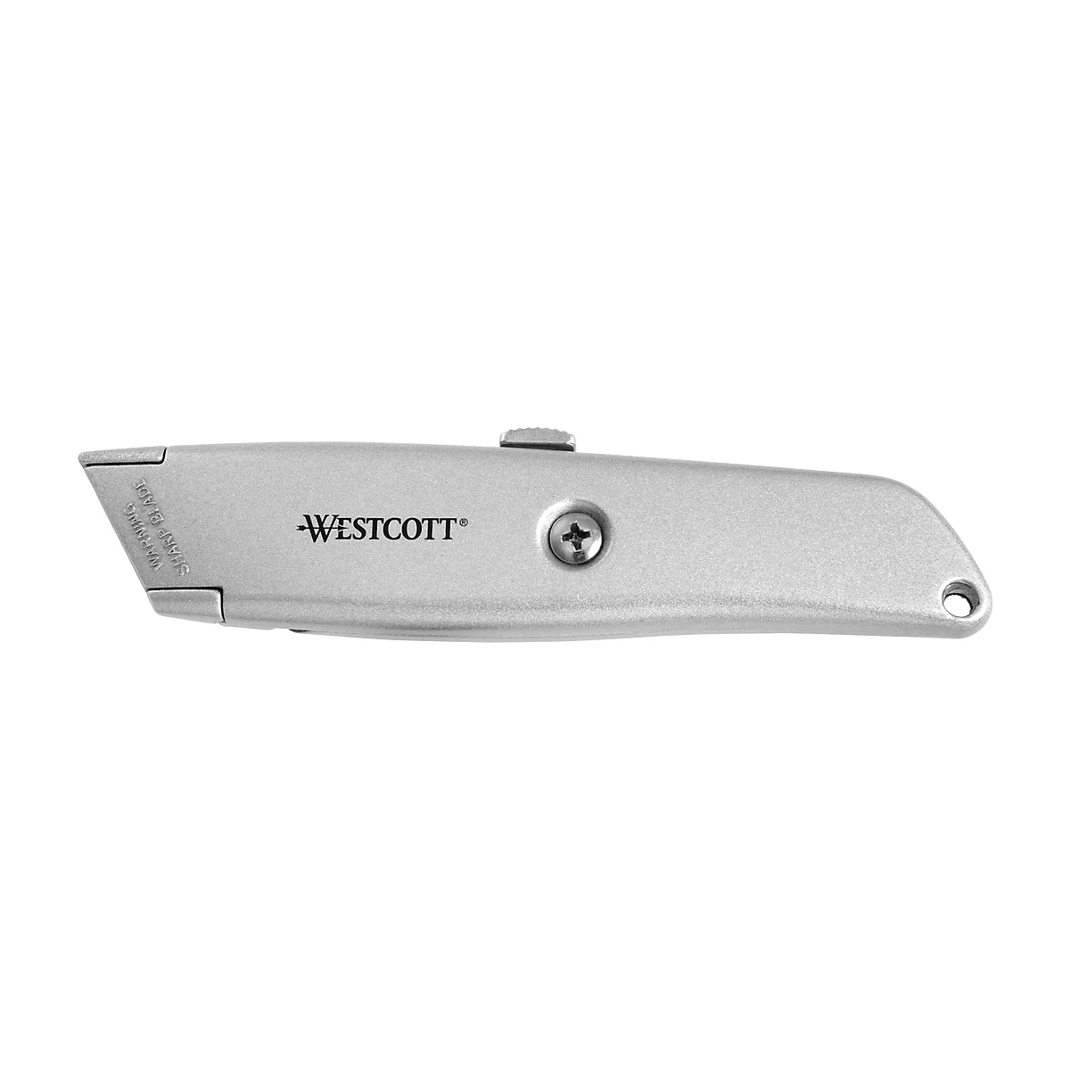 Ein silbernes Westcott-Teppichmesser. Es hat eine Klinge, einen Schieber, einen Schraubenkopf und eine Lochung.