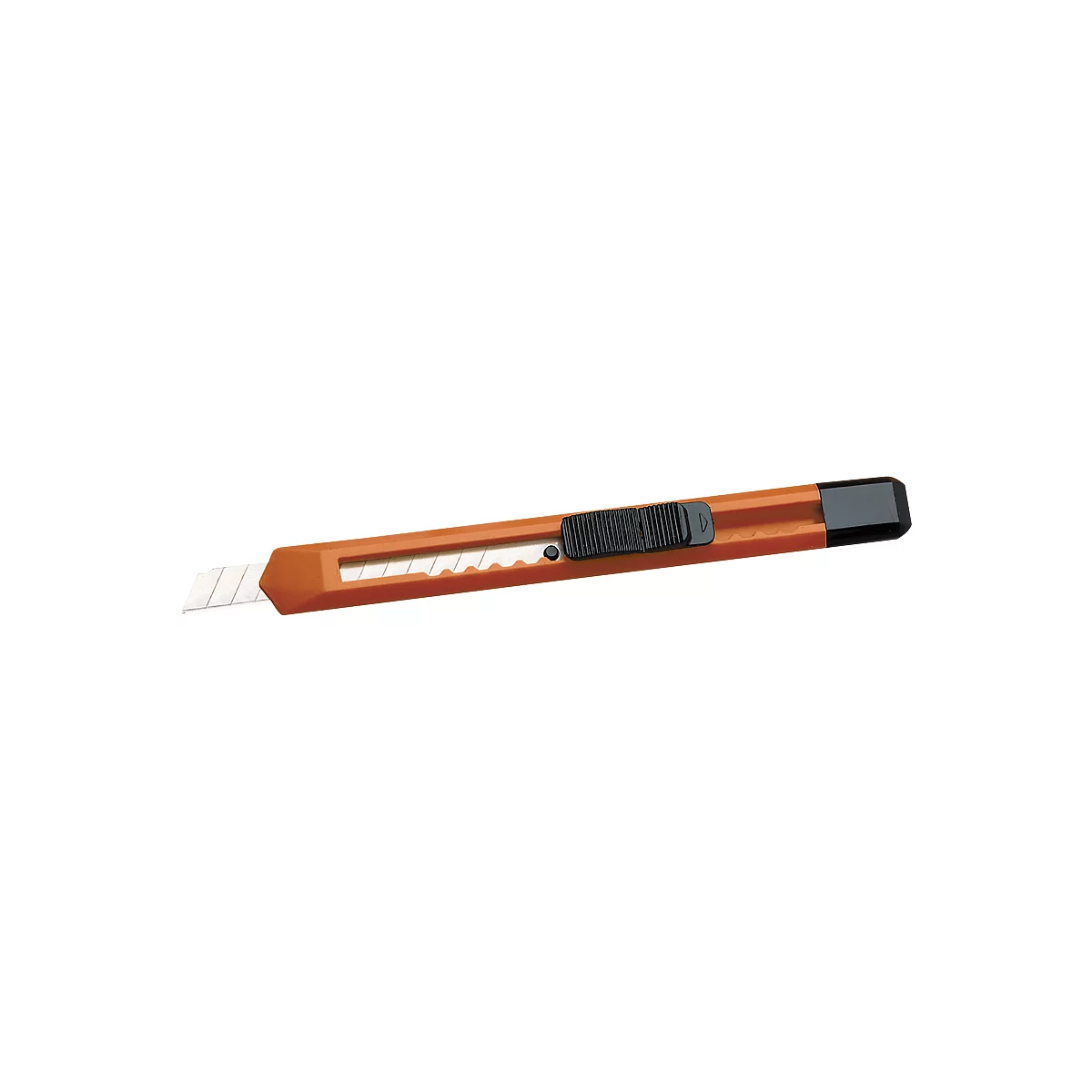 An orange utility knife lies diagonally. The black slider is in the middle.