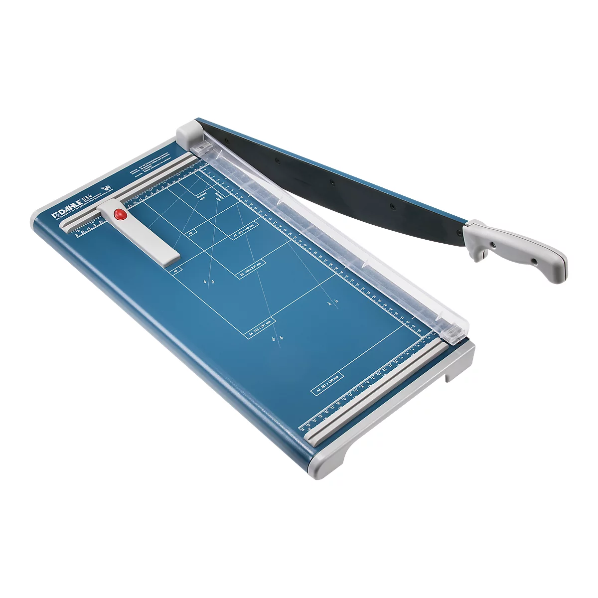 Blue paper cutter with black blade and white handle. Measurements and lines are shown on the cutting surface.