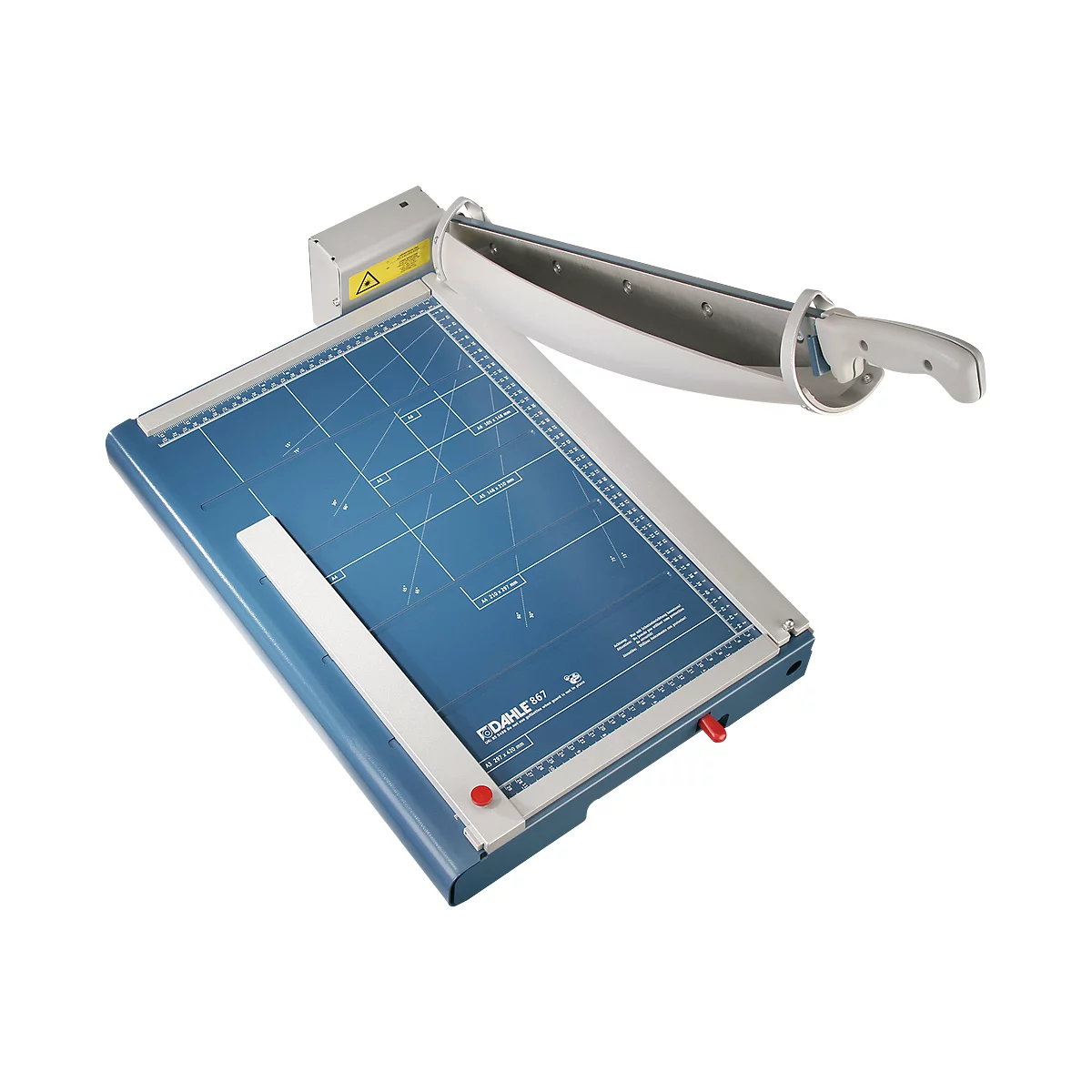 A paper cutter with a blue cutting board, silver guides and a silver knife. There is a red button on the side.