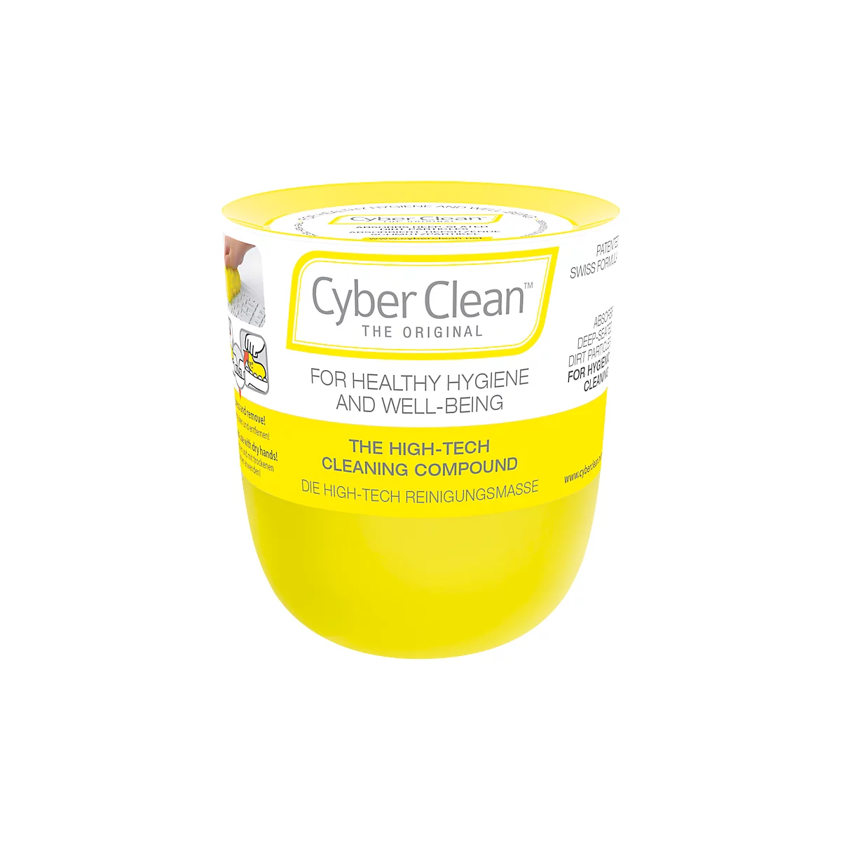 Gelbe Cyber Clean Reinigungsmasse, mit Schriftzügen, u.a. für gesunde Hygiene und Wohlbefinden.