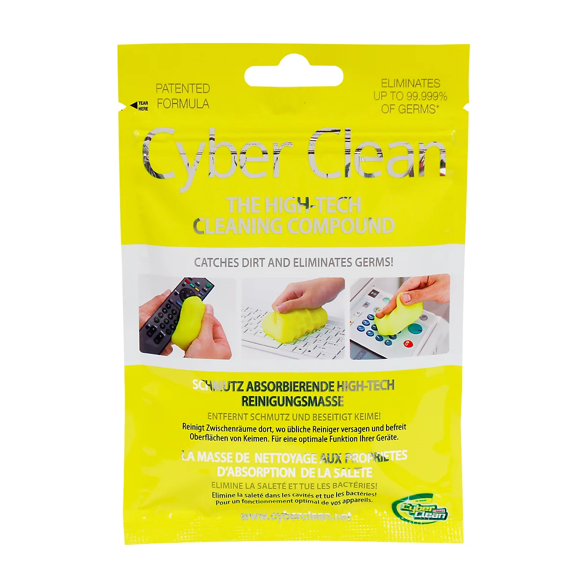 Gelbe Reinigungspaste Cyber Clean. Der Aufdruck zeigt die Reinigung von Fernbedienung, Tastatur und Bedienfeld.