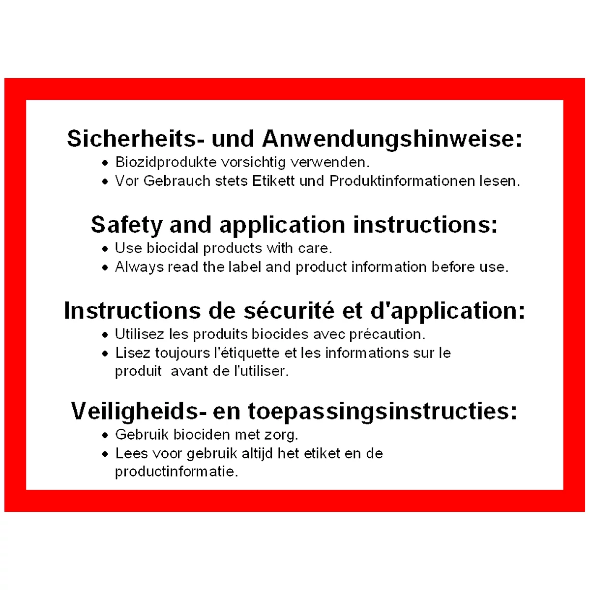 Text in Deutsch, Englisch, Französisch und Niederländisch. Enthält Sicherheits- und Anwendungshinweise für Biozidprodukte.