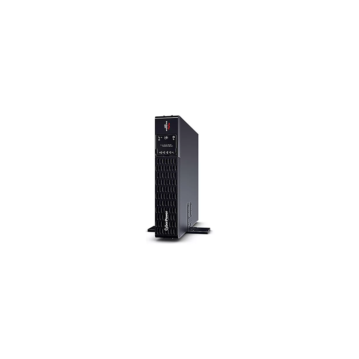 Ein schwarzes CyberPower USV-Gerät mit Beschriftung und Bedienknöpfen, steht aufrecht vor weißem Hintergrund.