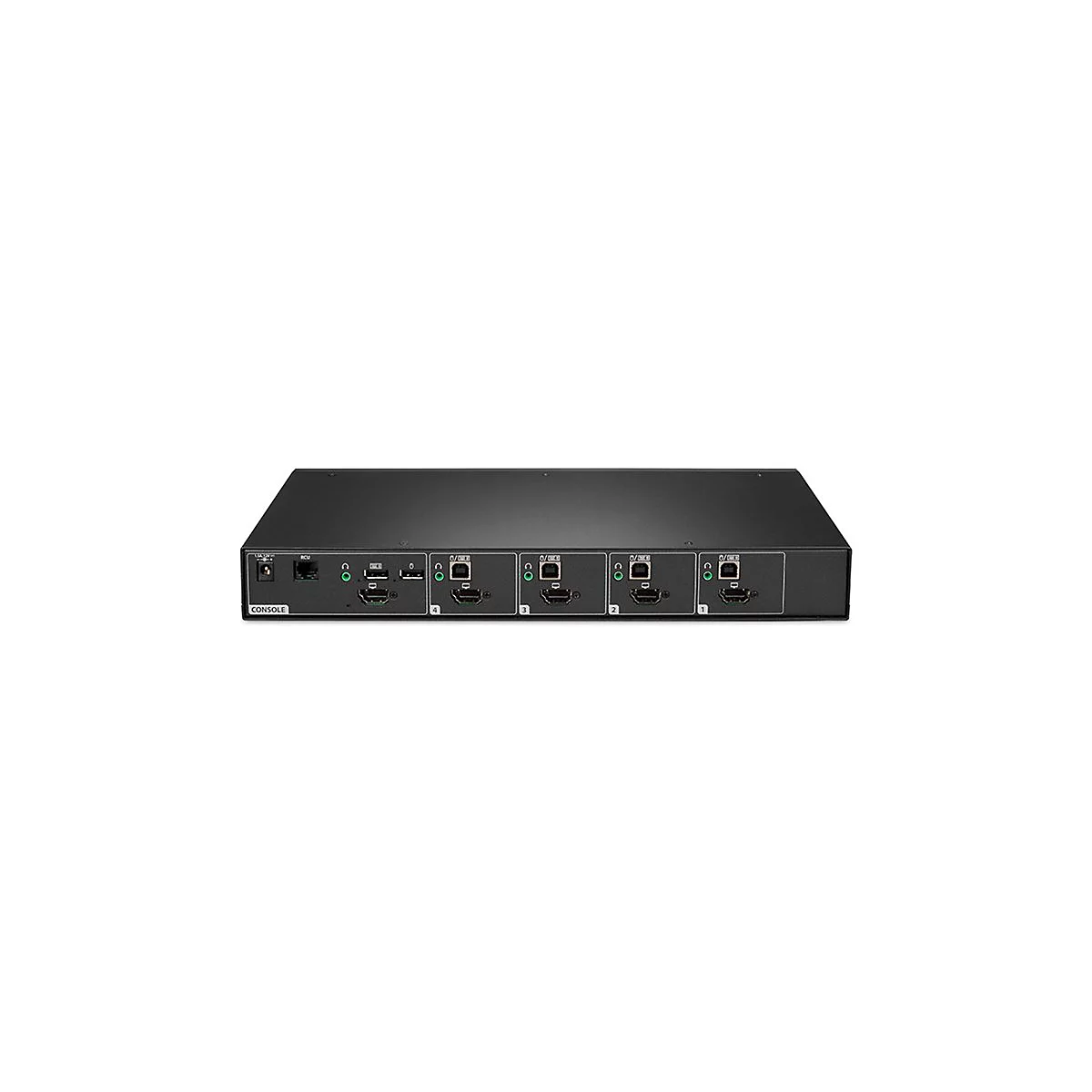 Schwarzer HDMI-Switch mit mehreren Anschlüssen, beschriftet mit Nummern. Auf der linken Seite befindet sich die Bezeichnung "Console".
