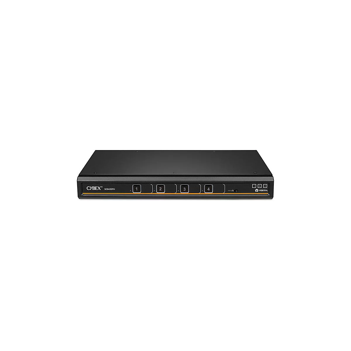 Schwarzer CYBEX SC840DPH Switch vor weißem Hintergrund. Mit Zahlen von 1 bis 4. Vertiv Logo.