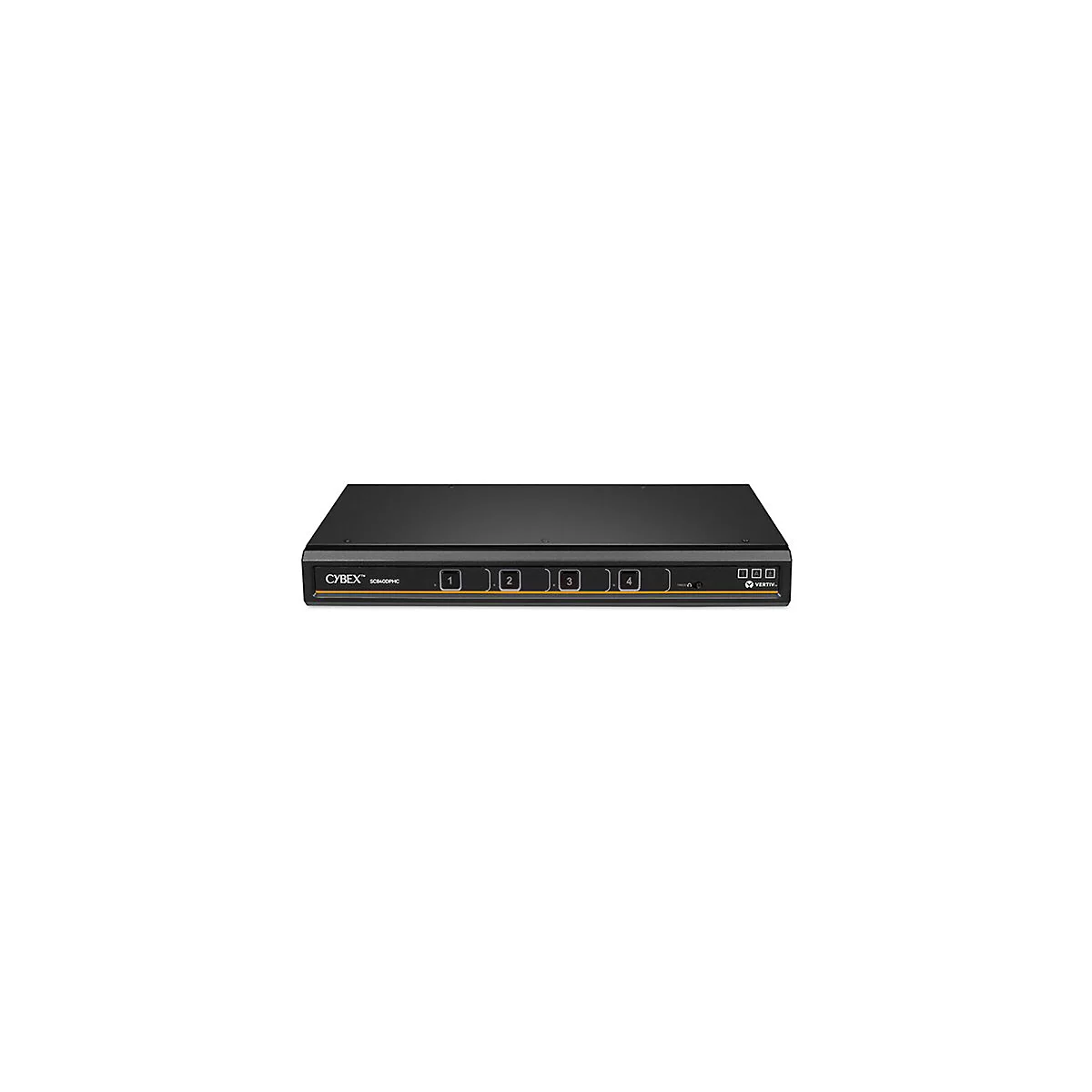 Schwarzes KVM-Switch-Gerät. Auf der Vorderseite: CYBEX-Logo, Ziffern 1-4, Vertiv-Logo.