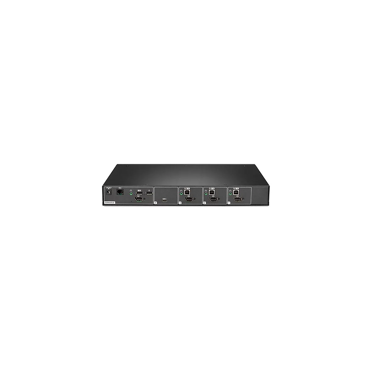 Ein schwarzes Steuergerät mit Anschlüssen, wie HDMI und USB-C, vor weißem Hintergrund.