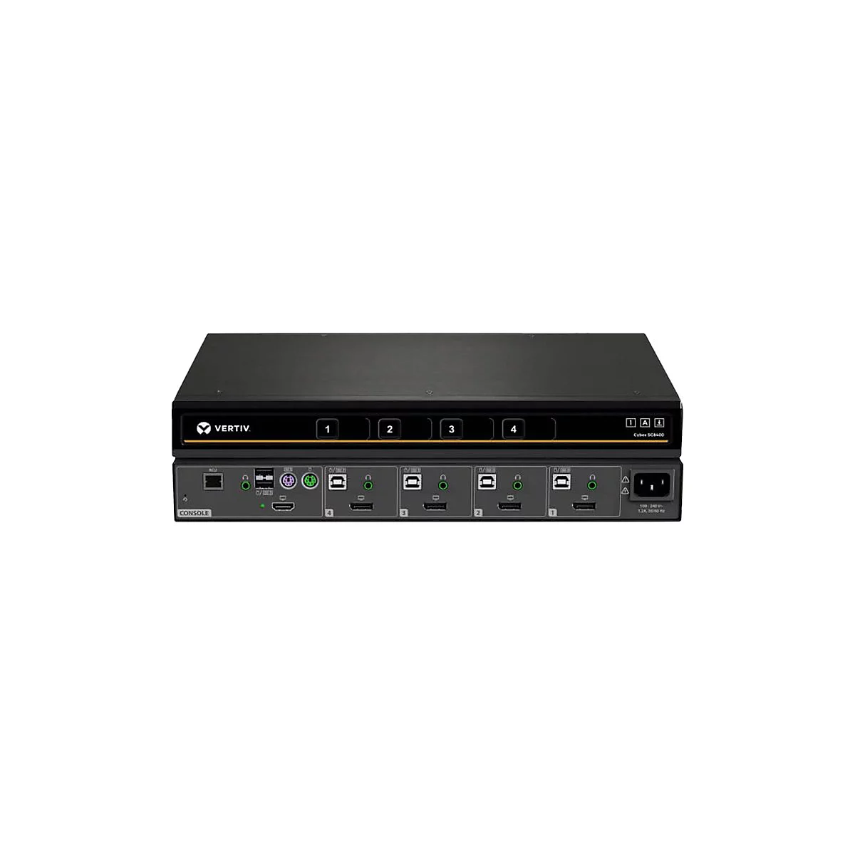 Schwarzer Vertiv Cybex SC8400 Switch. Mit verschiedenen Ports und Anschlüssen.
