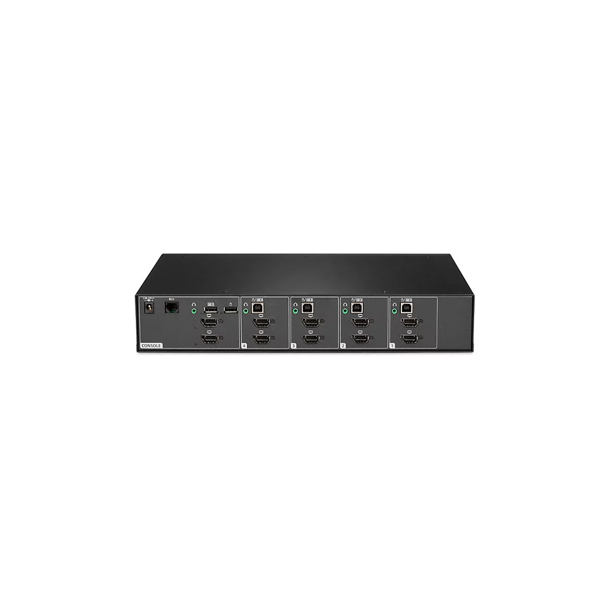 Schwarzes HDMI-Gerät mit mehreren Eingängen und Ausgängen, beschriftet mit Zahlen und Anschlüssen. Der Schriftzug "CONSOLE" ist ebenfalls zu sehen.