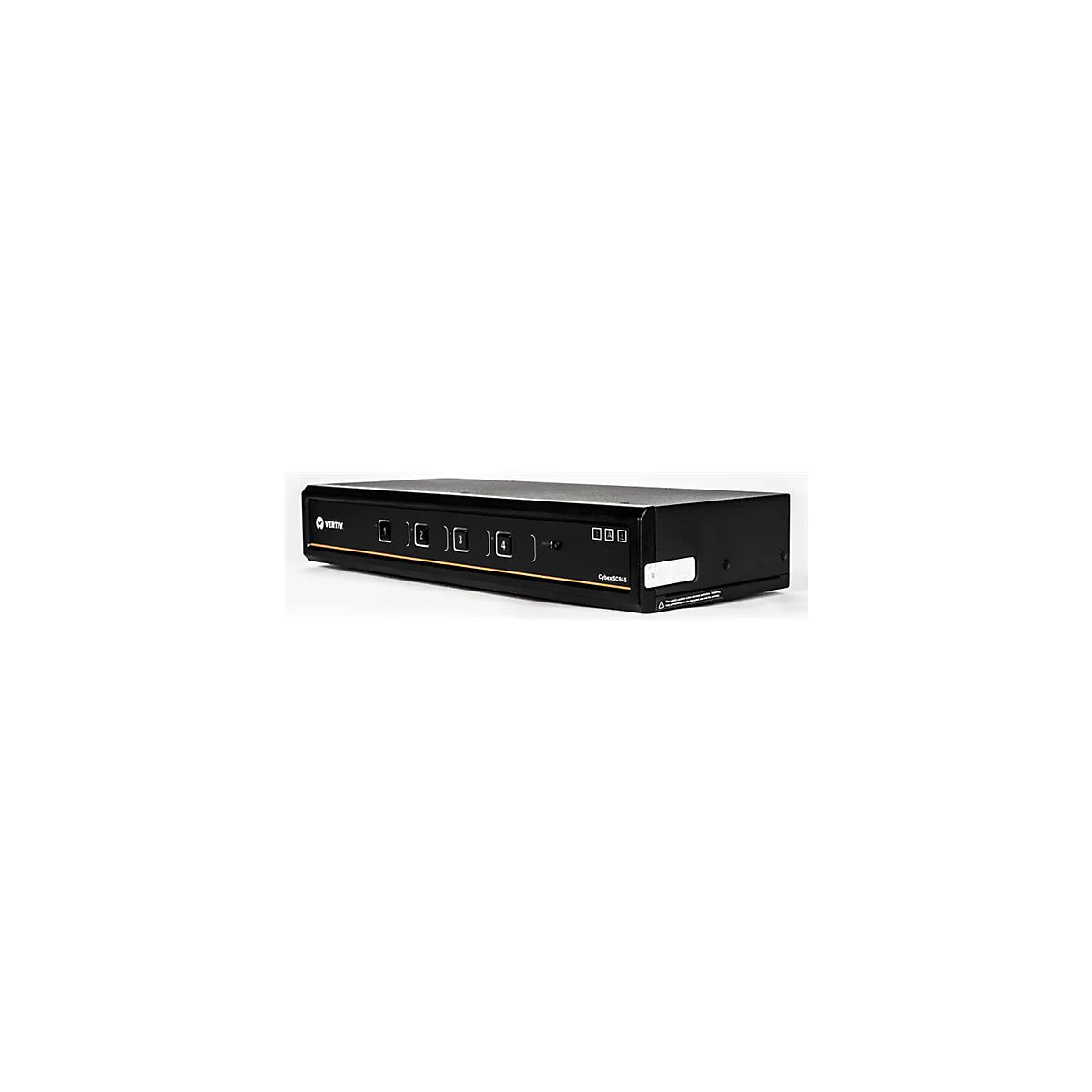 Ein schwarzer KVM-Switch von Vertiv mit vier Eingängen, bedruckt mit Beschriftungen.