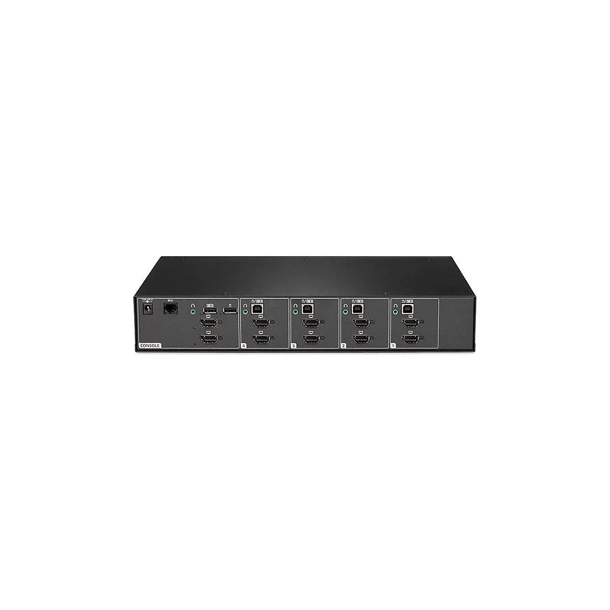 Schwarzer HDMI-Switch mit mehreren Anschlüssen, beschriftet mit Nummern. Aufschrift: 'CONSOLE'.