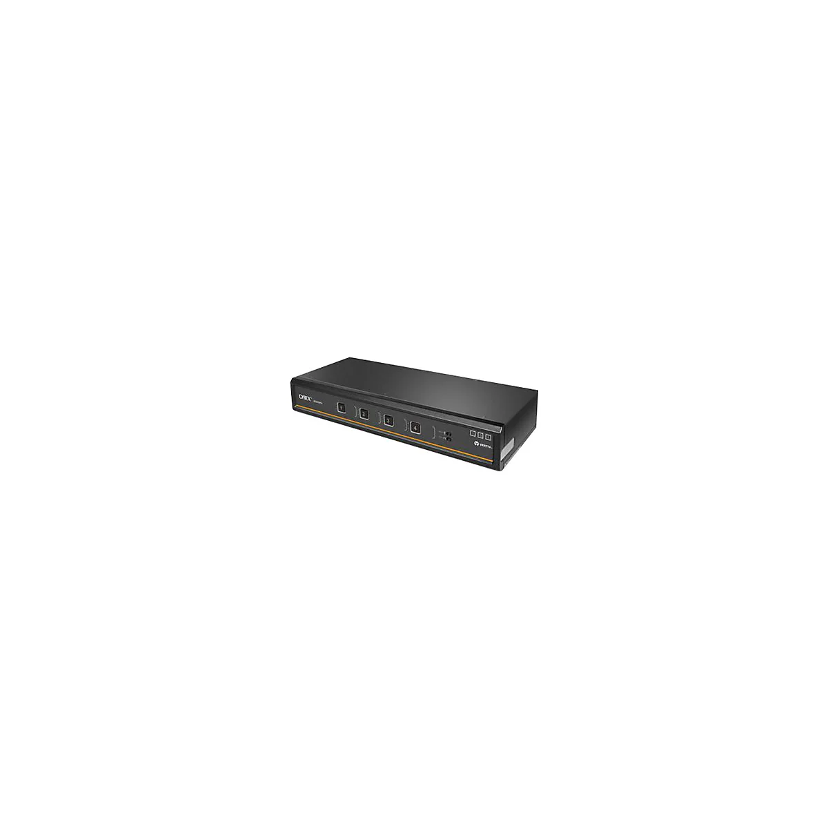 Schwarzer Netzwerk-Switch mit vier Tasten. Auf der Oberfläche sind Beschriftungen und das Vertiv-Logo zu sehen.