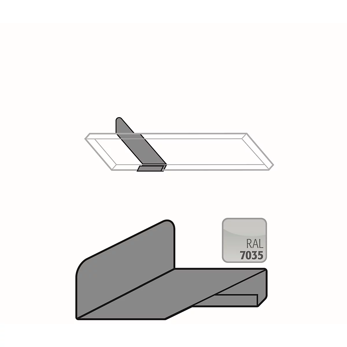 Grey folded metal bracket, below a schematic representation. In the corner a label with RAL 7035.
