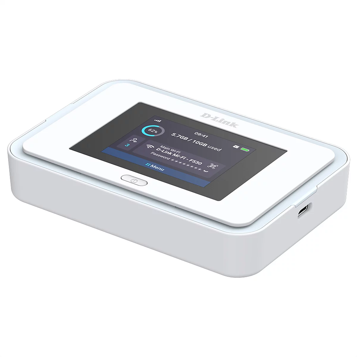 Weißer D-Link Mi-Fi Router mit Bildschirm, auf dem Informationen wie WLAN-Name, Passwort und Datenverbrauch angezeigt werden.