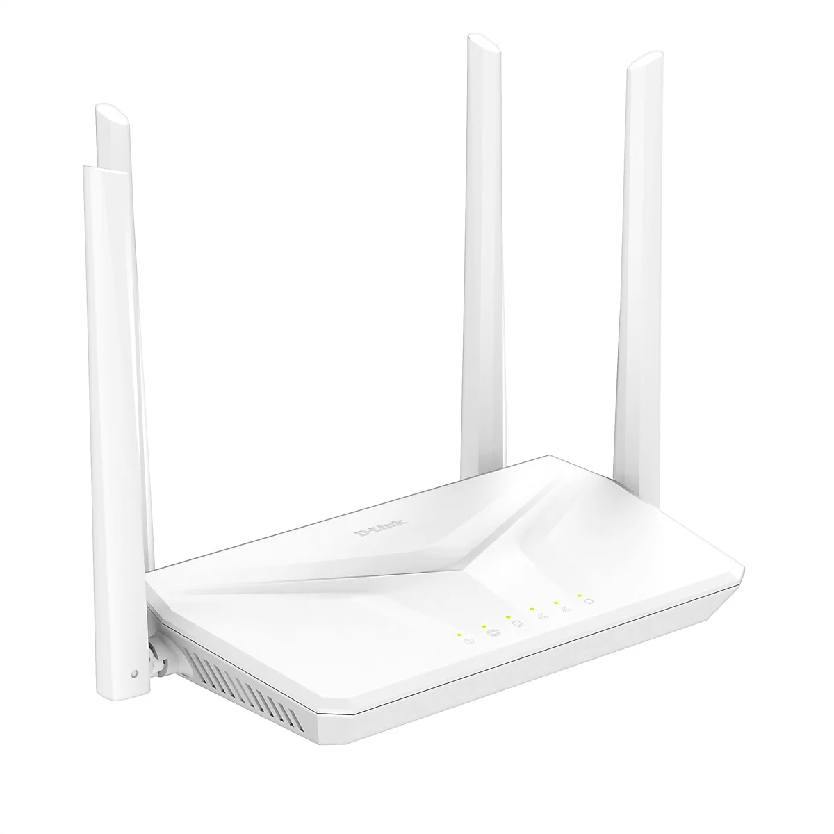 Weißer D-Link WLAN-Router mit vier Antennen vor weißem Hintergrund.