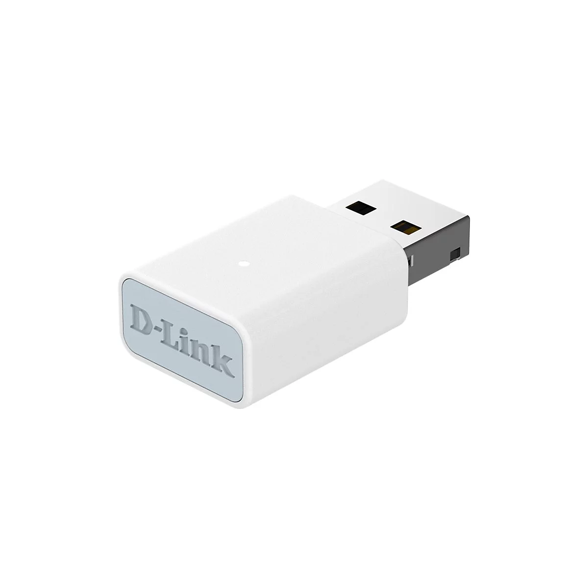 Weißer D-Link USB-Adapter mit USB-A-Stecker. Der Adapter hat das Logo "D-Link" und ein graues Rechteck.