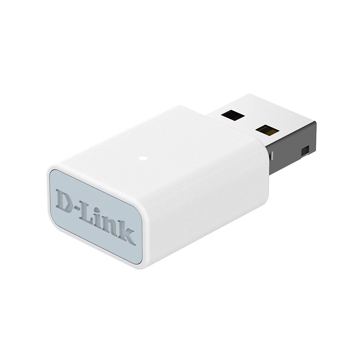 Ein weißer D-Link USB-Adapter auf weißem Hintergrund.