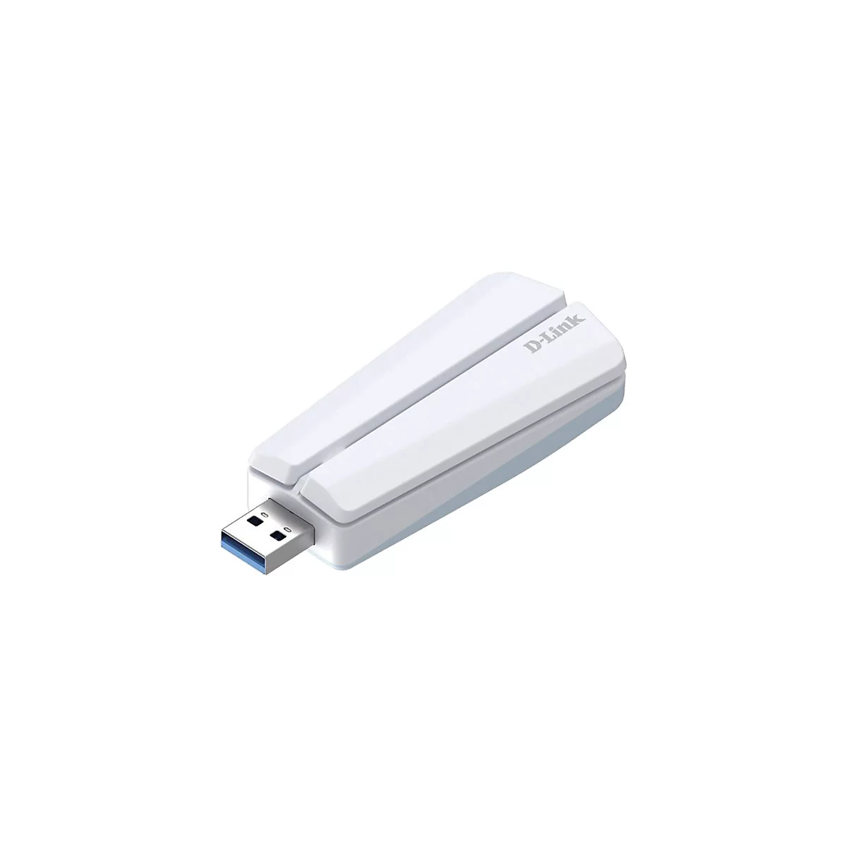 Ein weißer D-Link WLAN-Adapter. Er hat einen USB-Anschluss und das D-Link Logo.
