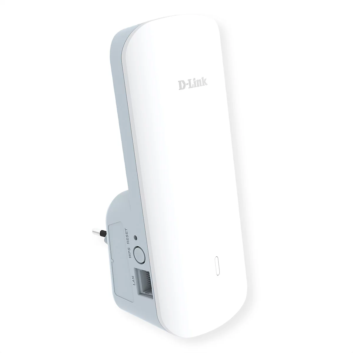 D-Link WLAN-Repeater, weiß und grau, Detailansicht. Mit WPS-Taste, LAN-Anschluss und Netzstecker.