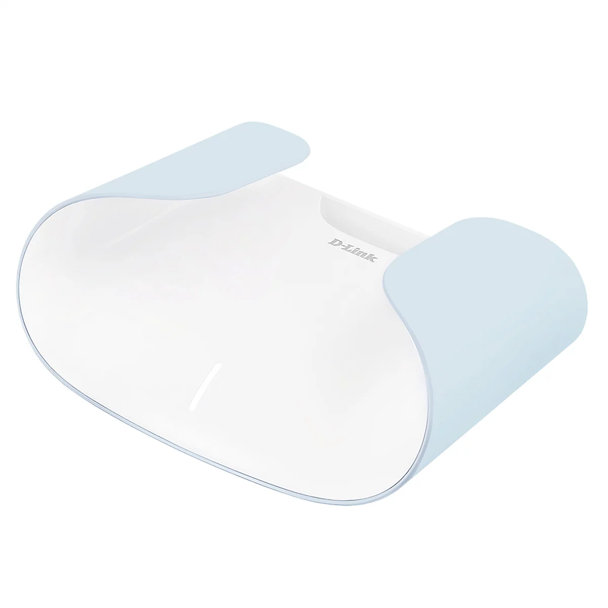 Ein weißes D-Link-Gerät mit hellblauen Akzenten. Oben, seitlich leicht hochgebogen. Aufschrift: D-Link.