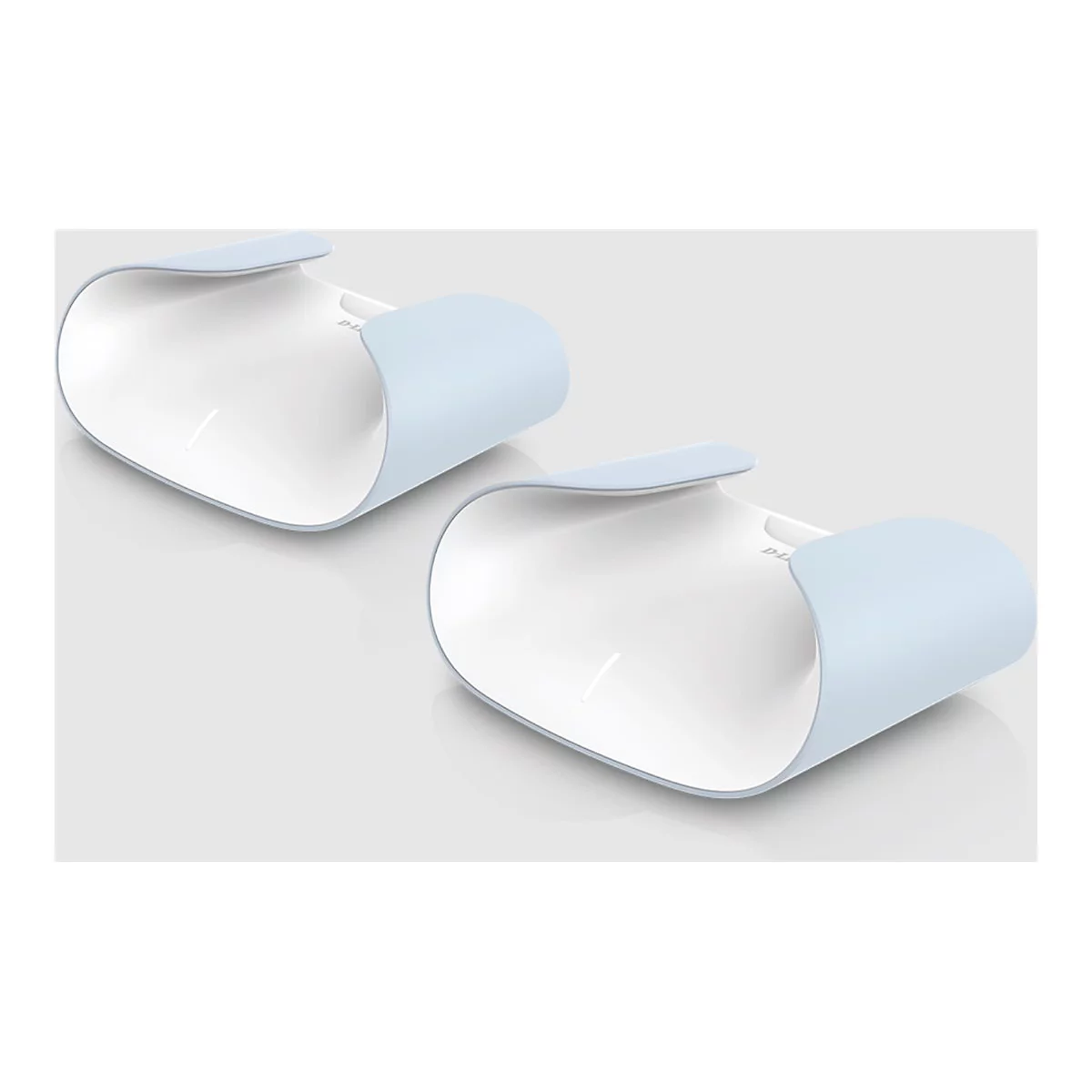 Zwei hellblaue, ovale Halterungen, die leicht angehoben sind, vor hellem Hintergrund.