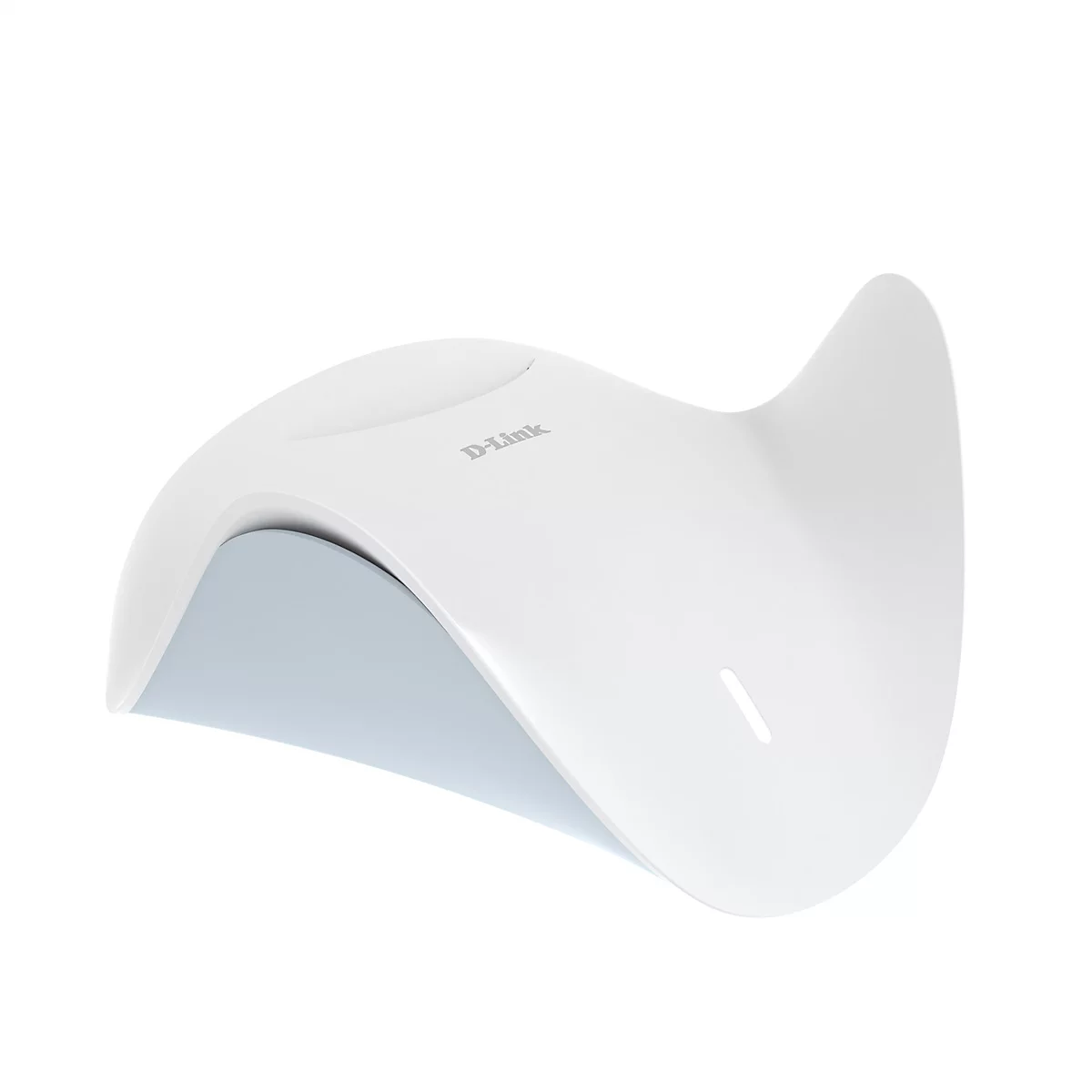 Ein weißes D-Link-Gerät mit geschwungenem Design und blauem Unterteil. Das Logo ist auf der Oberseite sichtbar.