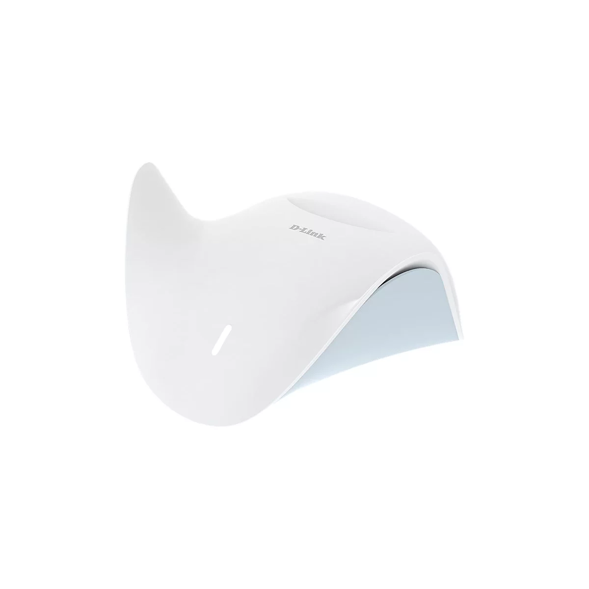 Weißes, geschwungenes D-Link-Gerät mit einer blauen Unterseite.