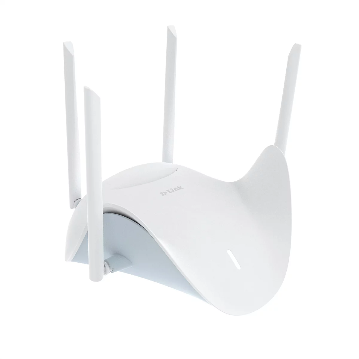 Ein weißer D-Link Router, vier Antennen, auf weißem Hintergrund.