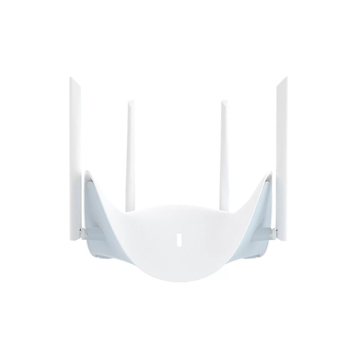 Ein weißer Router mit fünf Antennen vor weißem Hintergrund. Das Design ist modern und minimalistisch.
