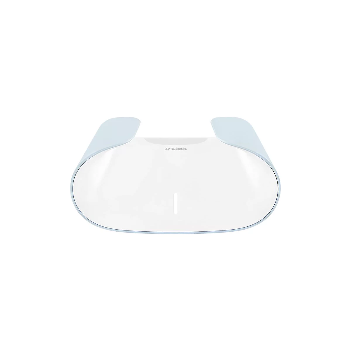 Ein weißer D-Link Router mit hellblauen Akzenten und einer ovalen Form, isoliert auf weißem Hintergrund.