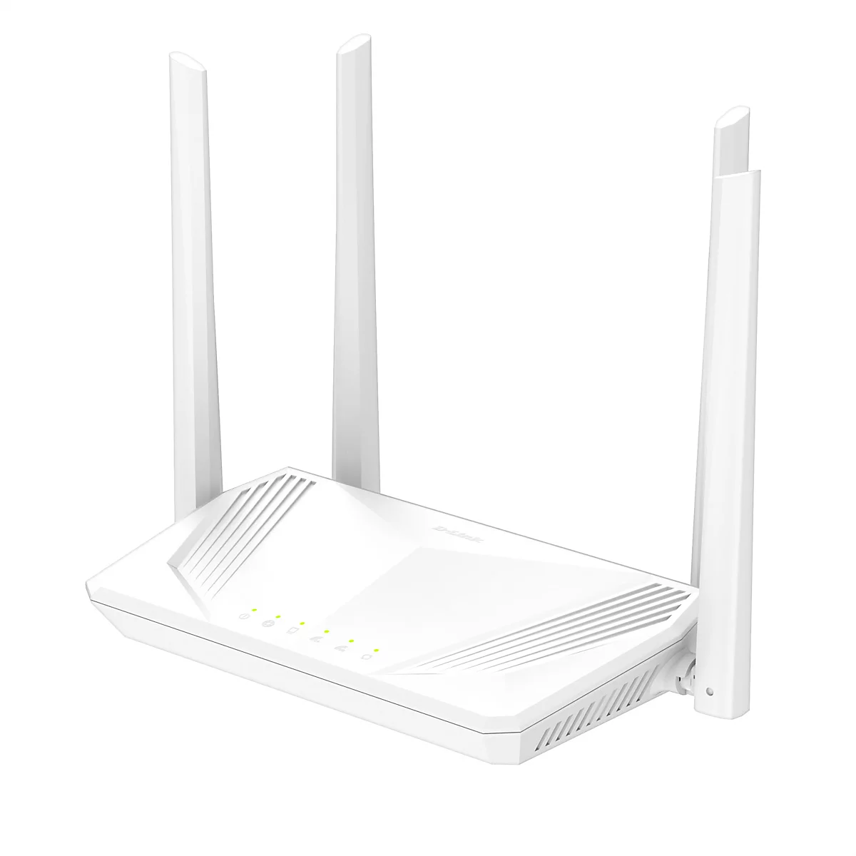 Weißer D-Link WLAN-Router mit vier stehenden Antennen und fünf leuchtenden Status-LEDs auf der Oberseite.