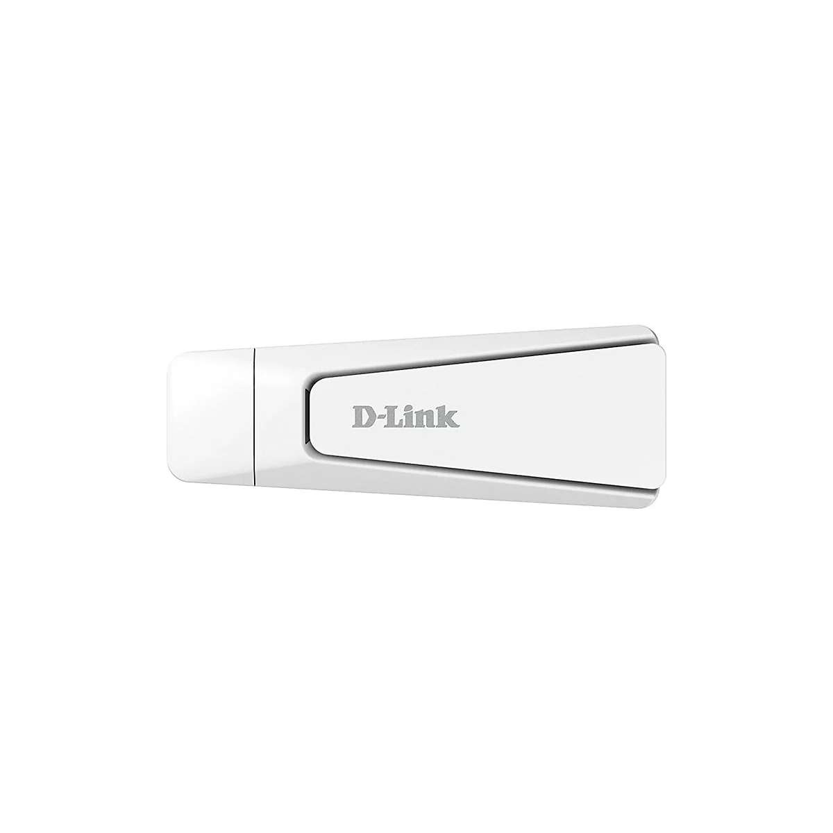Weißer D-Link WLAN-Adapter. Das Logo befindet sich auf einer rechteckigen Oberfläche.