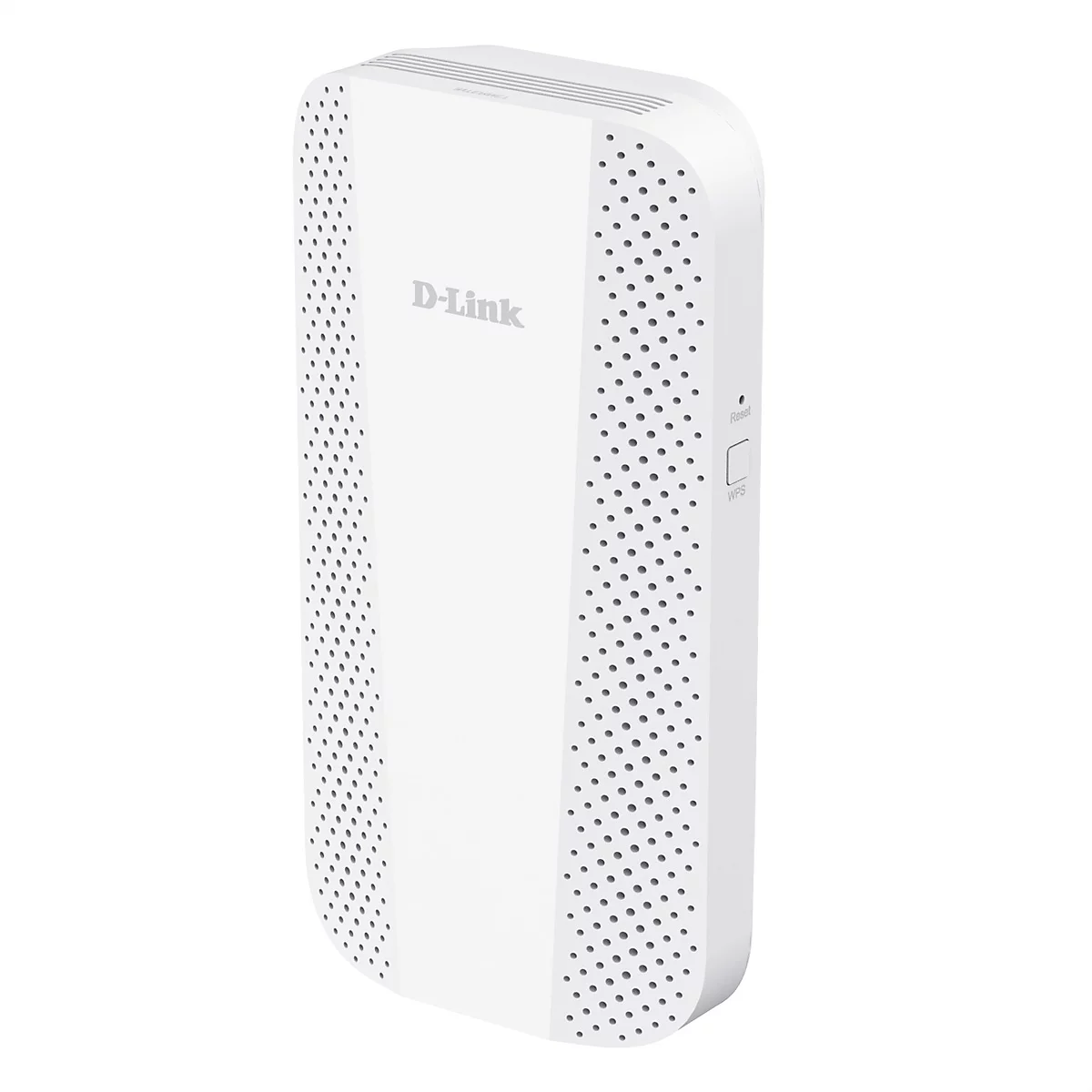 Weißer D-Link WLAN-Repeater mit perforierten Seitenteilen, D-Link-Logo und seitlicher Reset- und WPS-Taste.