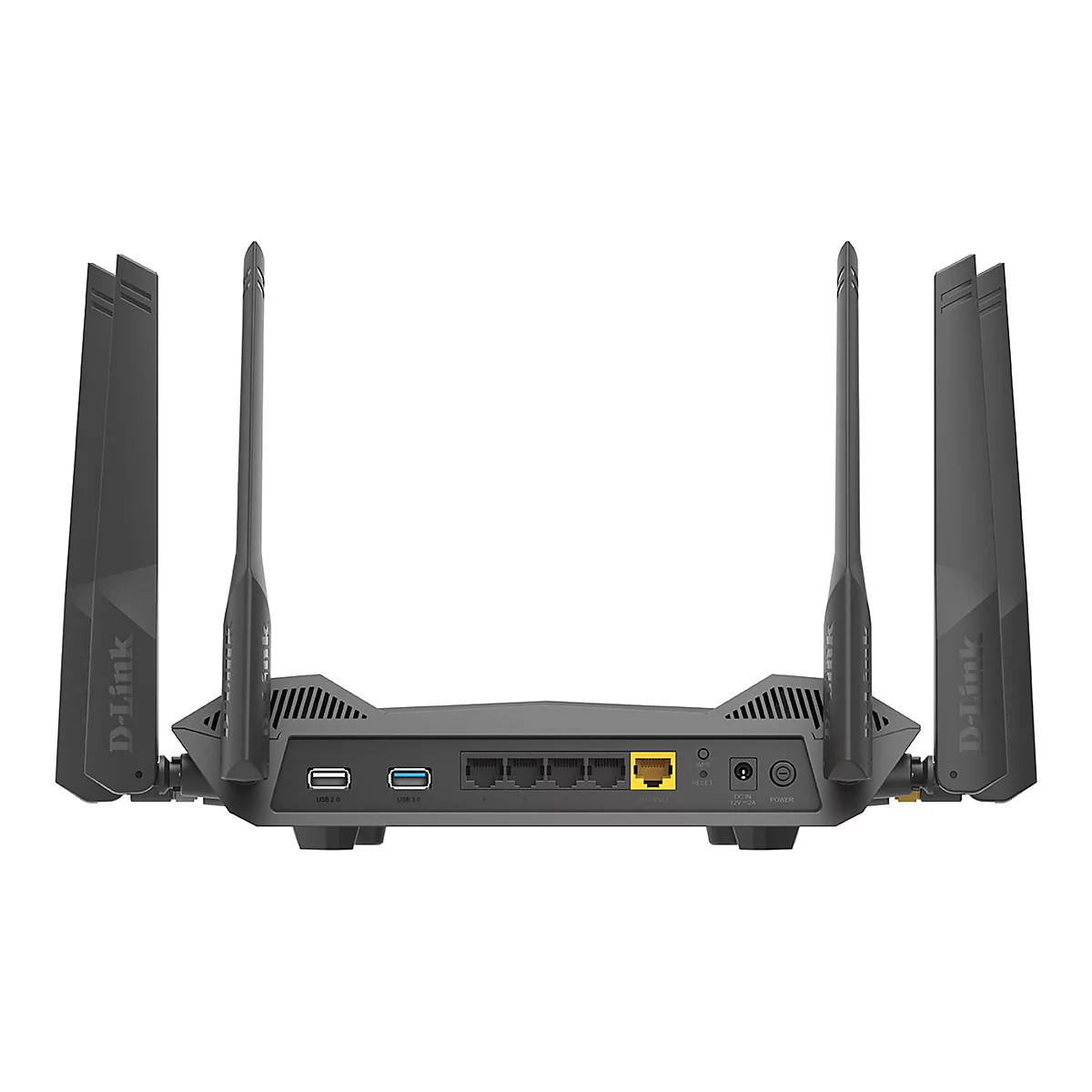 Routeur D-Link noir, vue de face, quatre antennes et ports.
