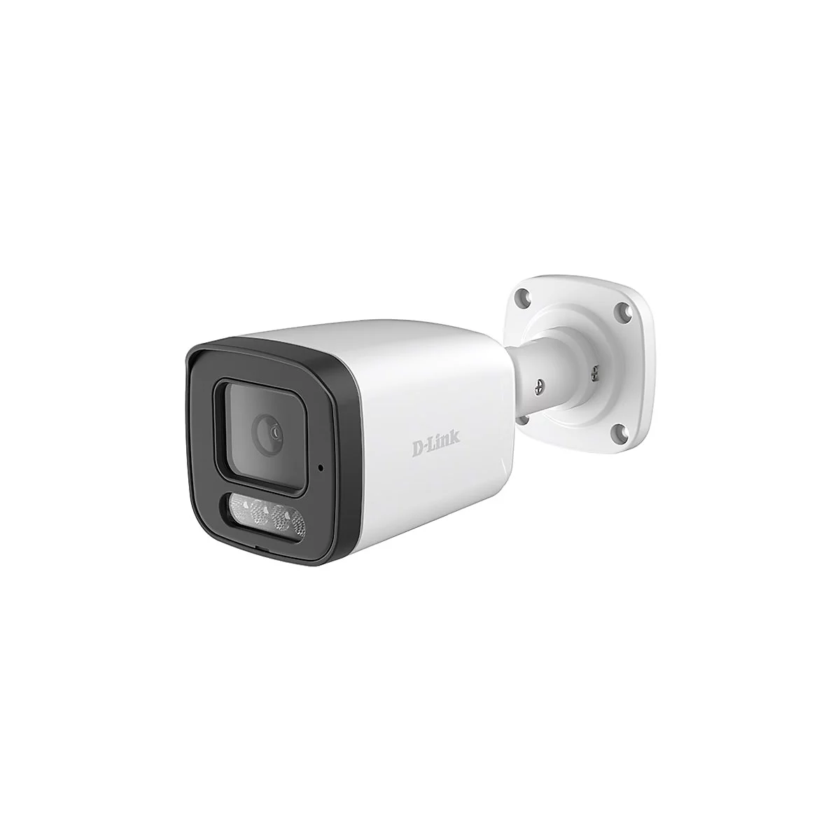 Weiße D-Link Bullet-Überwachungskamera vor weißem Hintergrund.