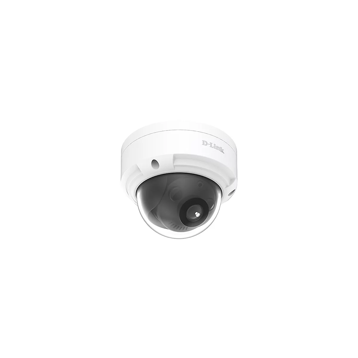 Weiße D-Link Dome-Überwachungskamera mit schwarzer Kuppel vor neutralem, weißem Hintergrund.