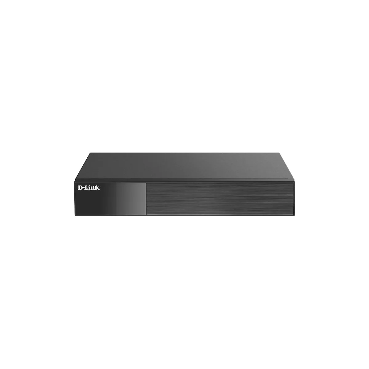 Schwarzes D-Link Netzwerkgerät in flacher Quaderform vor weißem Hintergrund.